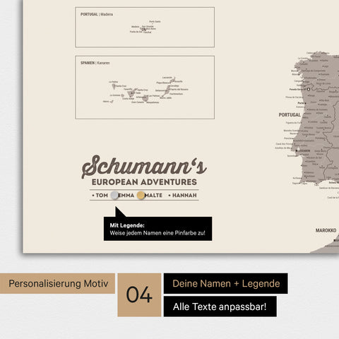 Europakarte als Magnettafel in Warmgray (Braun-Grau) mit Personalisierung als Logo mit Familiennamen und Legende