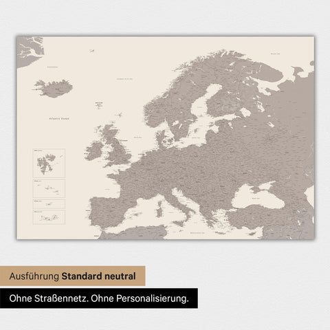 Neutrale und schlichte Ausführung einer magnetischen Europakarte in Warmgray (Braun-Grau)
