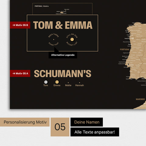 Magnetische Europa-Karte in einem modernen Design in Sonar Black als Magnet-Poster mit Personalisierung als Logo mit einer Weltkugel