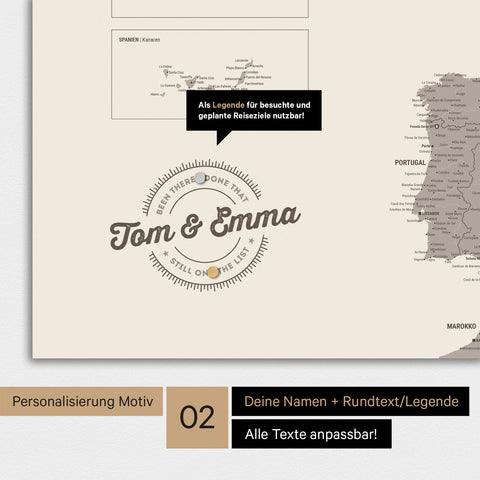 Personalisierte Europakarte als Magnet-Poster in Warmgray (Braun-Grau) mit rundem Logo, das eine Legende für bereits besuchte Reiseziele beinhaltet