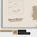 Map of Europe as a pinboard canvas in desert sand with personalization and name in a modern script font