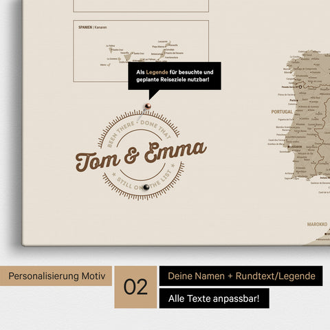 Europe map Push Pin Map in Desert Sand with personalization as a round logo, which includes a legend for already visited travel destinations in circular text