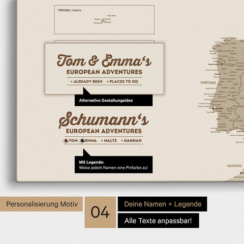 Europe map as canvas in Desert Sand with personalization as logo with family name and legend for places already visited and still want to visit