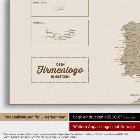 Europe map pinboard in Desert Sand with impression of a company logo for businesses