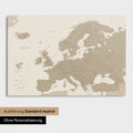 Neutral standard Version of the detailed Europe map as a pinboard canvas in Desert Sand without personalization