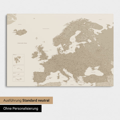 Neutral standard Version of the detailed Europe map as a pinboard canvas in Desert Sand without personalization