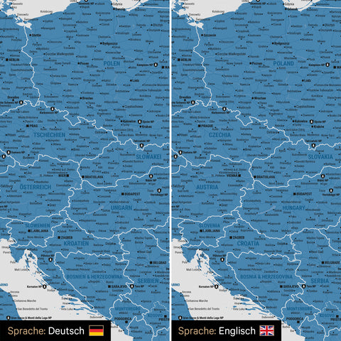Europe map design in blue optionally in German or English language