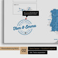 Europe map Push Pin Map in blue with personalization as a round logo, which includes a legend for already visited travel destinations in circular text