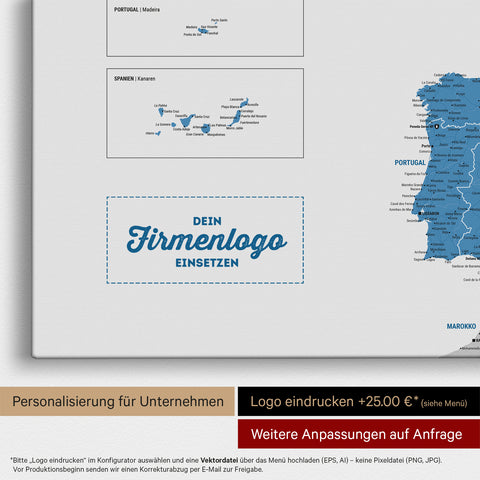 Europe map pinboard in blue with the impression of a company logo for businesses