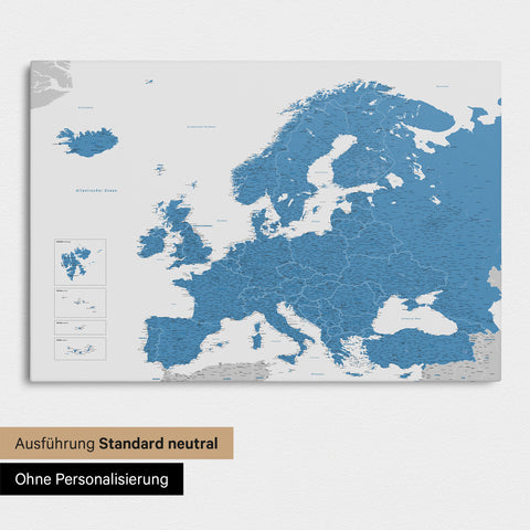 Neutral standard Version of the detailed Europe map as a pinboard canvas in blue without personalization