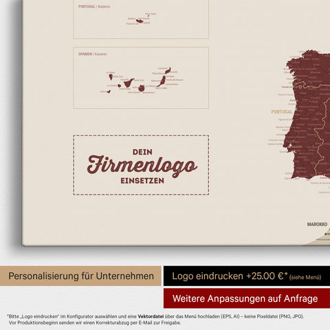 Europe map pinboard in Bordeaux red with imprint of a company logo for businesses