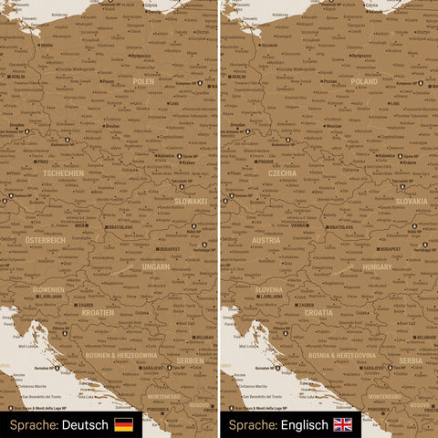 Europe map design in bronze, optionally in German or English language