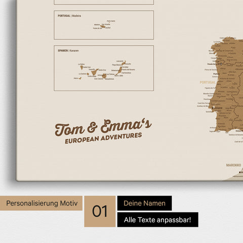 Map of Europe as a pinboard canvas in bronze with personalization and names in a modern script font