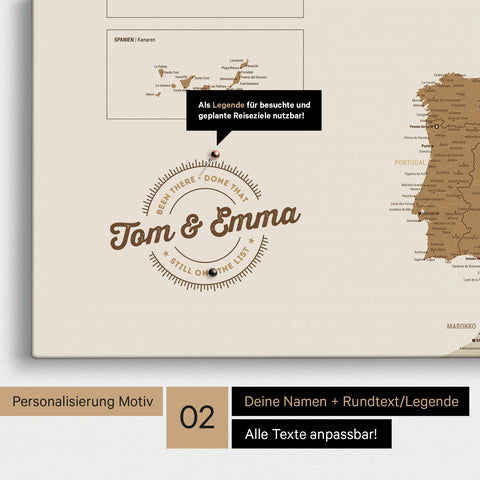 Europe map Push Pin Map in bronze with personalization as a round logo that includes a legend for already visited travel destinations in circular text