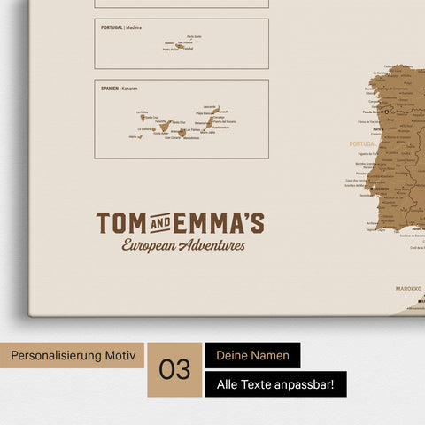 Europe map for pinning in bronze with personalization in vintage style