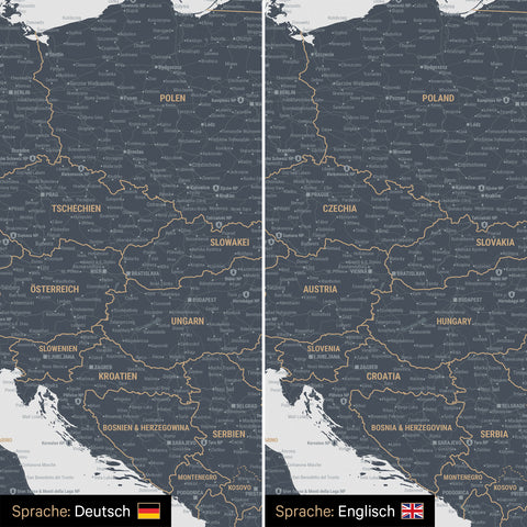 Europe map design in denim blue optionally in German or English language