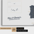 Map of Europe as a pinboard canvas in denim blue with personalization and name in a modern script font