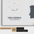 Europe map for pinning in Denim Blue with personalization in vintage style
