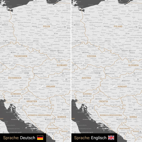 Europe map design in dark gray optionally in German or English language