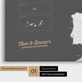 Map of Europe as a pinboard canvas in dark gray with personalization and name in a modern script font