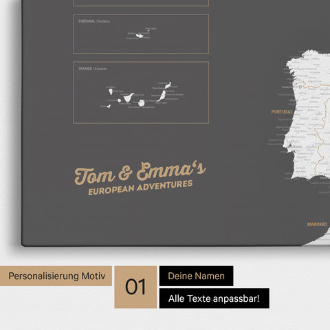 Map of Europe as a pinboard canvas in dark gray with personalization and name in a modern script font