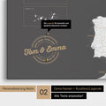 Europe map Push Pin Map in dark gray with personalization as a round logo that includes a legend for already visited travel destinations in circular text