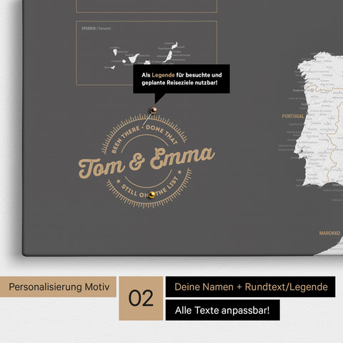 Europe map Push Pin Map in dark gray with personalization as a round logo that includes a legend for already visited travel destinations in circular text