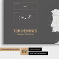 Europe map for pinning in dark gray with personalization in vintage style