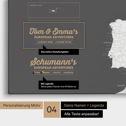 Europe map as canvas in dark gray with personalization as logo with family name and legend for places already visited and still want to visit