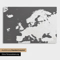 Neutral standard Version of the detailed Europe map as a pinboard canvas in dark gray without personalization