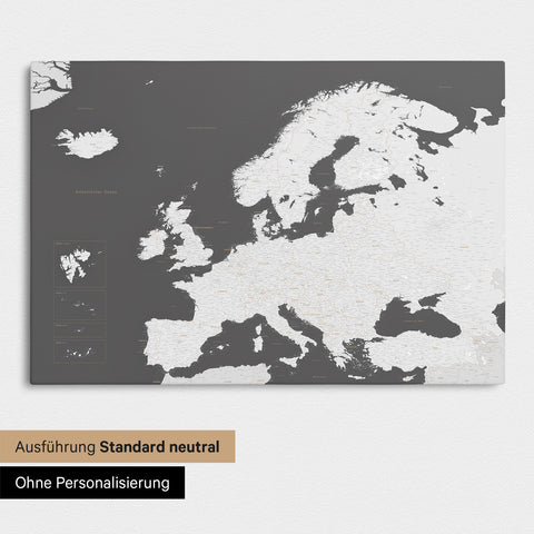 Neutral standard Version of the detailed Europe map as a pinboard canvas in dark gray without personalization