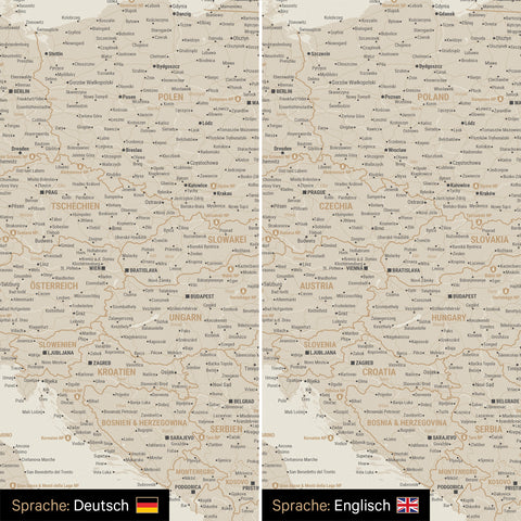 Europe map design in gold, optionally in German or English language