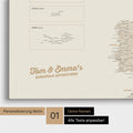 Map of Europe as a pinboard canvas in gold with personalization and name in a modern script font