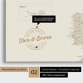 Europe map Push Pin Map in gold with personalization as a round logo, which includes a legend for already visited travel destinations in circular text