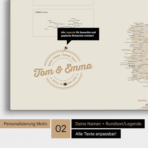 Europe map Push Pin Map in gold with personalization as a round logo, which includes a legend for already visited travel destinations in circular text