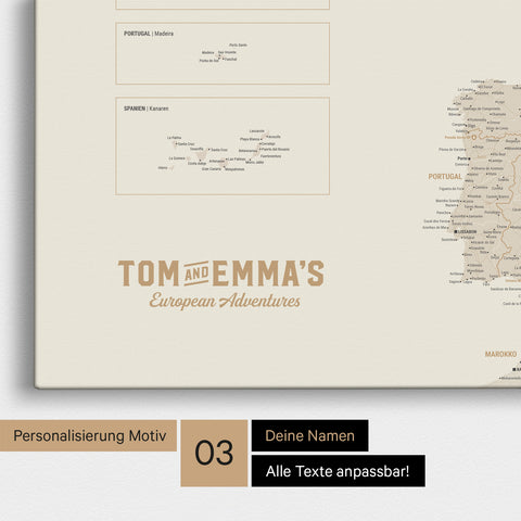 Europe map for pinning in gold with personalization in vintage style