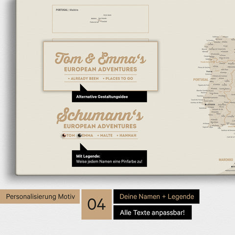 Europe map as canvas in gold with personalization as logo with family name and legend for places already visited and still want to visit