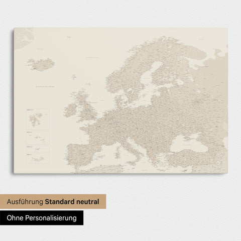 Neutral standard Version of the detailed Europe map as a pinboard canvas in gold without personalization