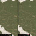 Europe map design in olive green optionally in German or English language