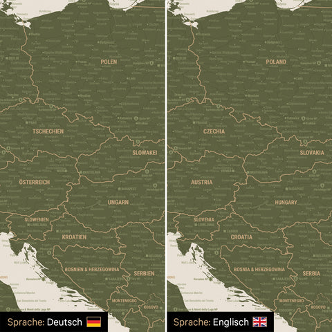 Europe map design in olive green optionally in German or English language
