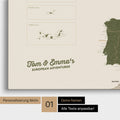 Map of Europe as a pinboard canvas in olive green with personalization and name in a modern script font