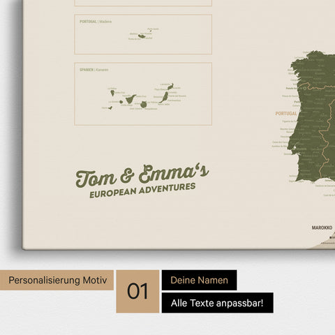 Map of Europe as a pinboard canvas in olive green with personalization and name in a modern script font