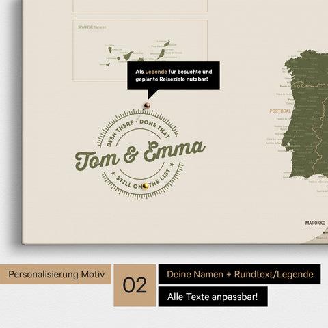 Europe map Push Pin Map in olive green with personalization as a round logo that includes a legend for already visited travel destinations in circular text