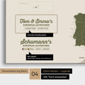Europe map as canvas in olive green with personalization as logo with family name and legend for places already visited and still want to visit