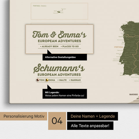 Europe map as canvas in olive green with personalization as logo with family name and legend for places already visited and still want to visit