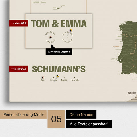 Europe map in a modern design in olive green as a Push Pin Map with personalization as a logo with a globe