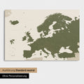 Neutral standard Version of the detailed Europe map as a pinboard canvas in olive green without personalization