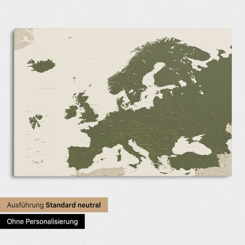Neutral standard Version of the detailed Europe map as a pinboard canvas in olive green without personalization