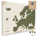 Europe map in the color olive green in a modern, minimalist design as a canvas for pinning trips and places