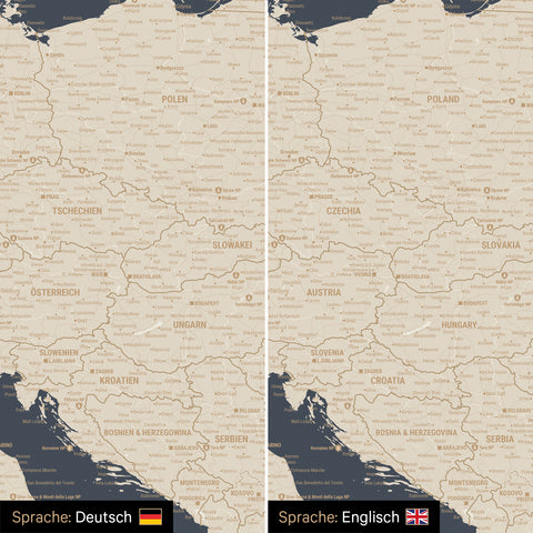 Europe map design in Hale Navy (blue-gold) optionally in German or English language